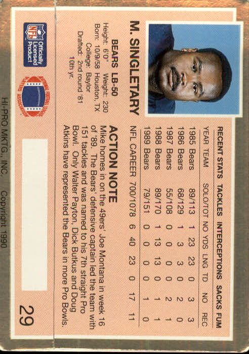 1990 Action Packed #29 Mike Singletary back image