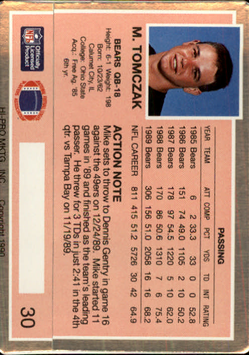 1990 Action Packed #30 Mike Tomczak back image