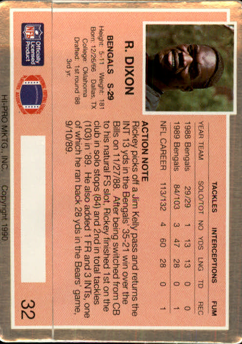1990 Action Packed #32 Rickey Dixon RC back image