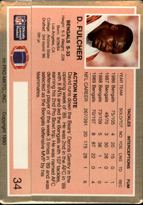 1990 Action Packed #34 David Fulcher back image