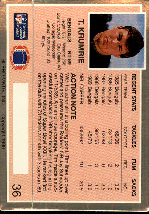 1990 Action Packed #36 Tim Krumrie back image
