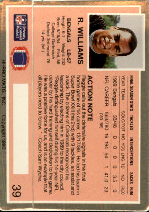 1990 Action Packed #39 Reggie Williams back image
