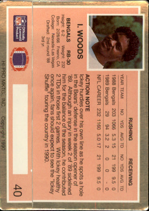 1990 Action Packed #40 Ickey Woods back image