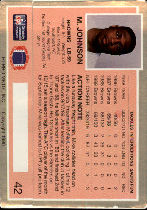 1990 Action Packed #42 Mike Johnson back image