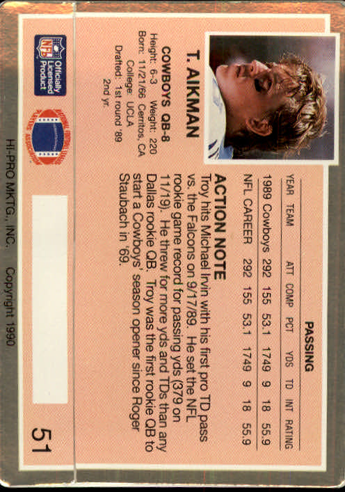 1990 Action Packed #51 Troy Aikman back image