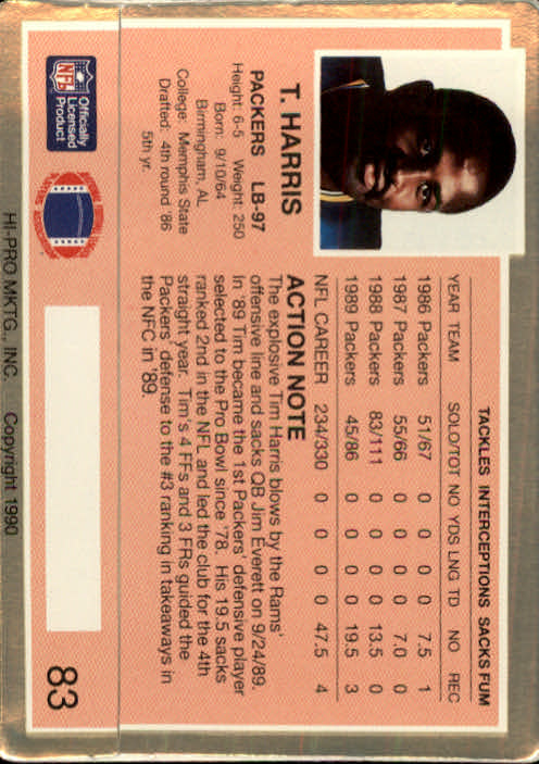 1990 Action Packed #83 Tim Harris back image