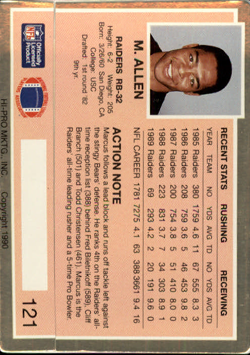 1990 Action Packed #121 Marcus Allen back image