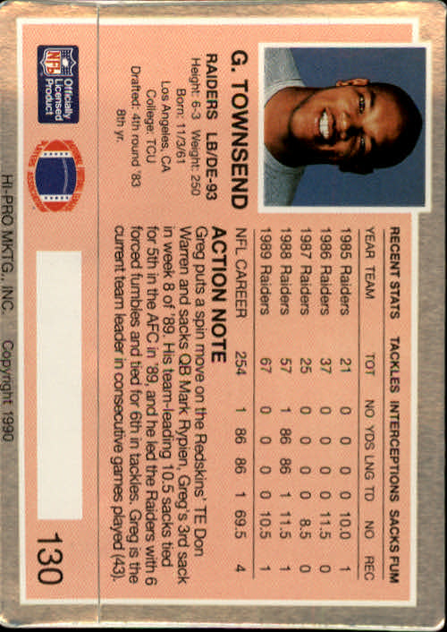 1990 Action Packed #130 Greg Townsend back image