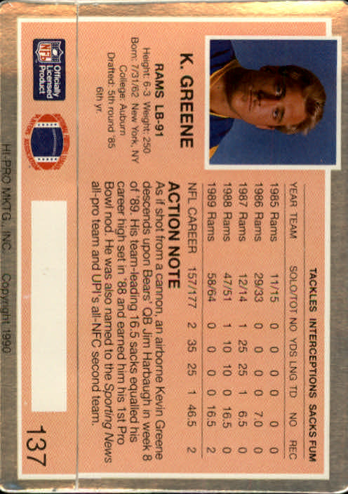 1990 Action Packed #137 Kevin Greene back image