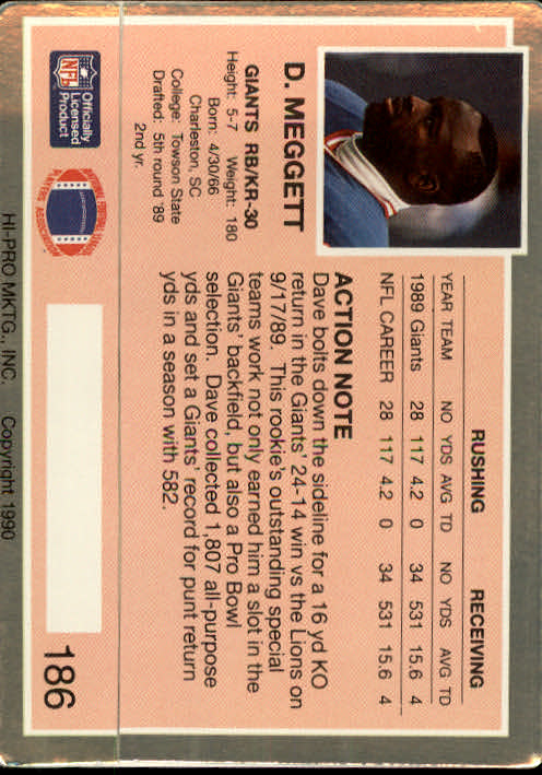 1990 Action Packed #186 Dave Meggett back image