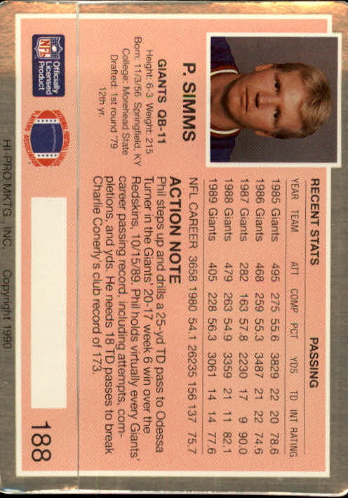 1990 Action Packed #188 Phil Simms back image