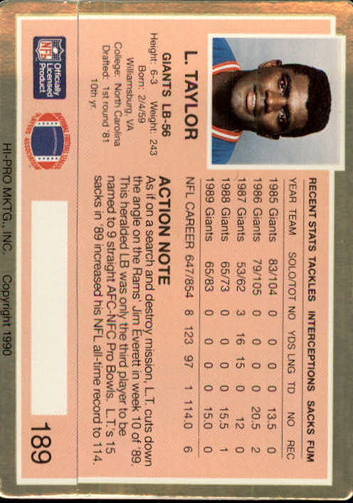 1990 Action Packed #189 Lawrence Taylor back image
