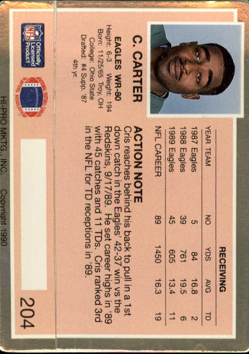 1990 Action Packed #204 Cris Carter back image