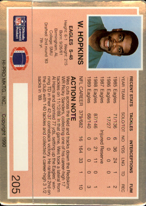 1990 Action Packed #205 Wes Hopkins back image