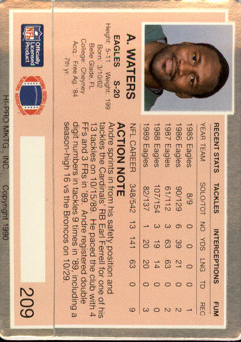 1990 Action Packed #209 Andre Waters back image