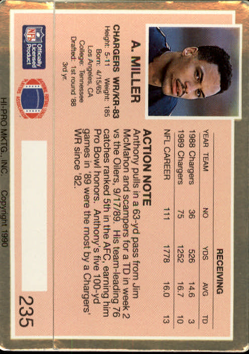 1990 Action Packed #235 Anthony Miller UER back image