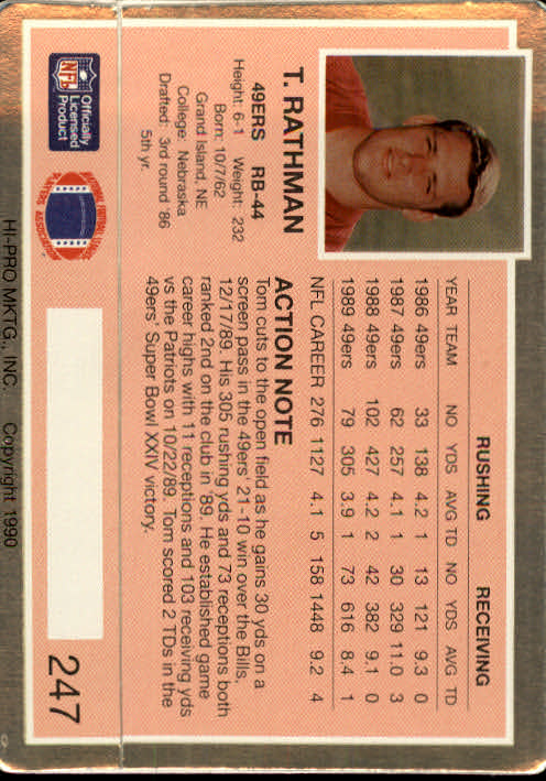 1990 Action Packed #247 Tom Rathman back image