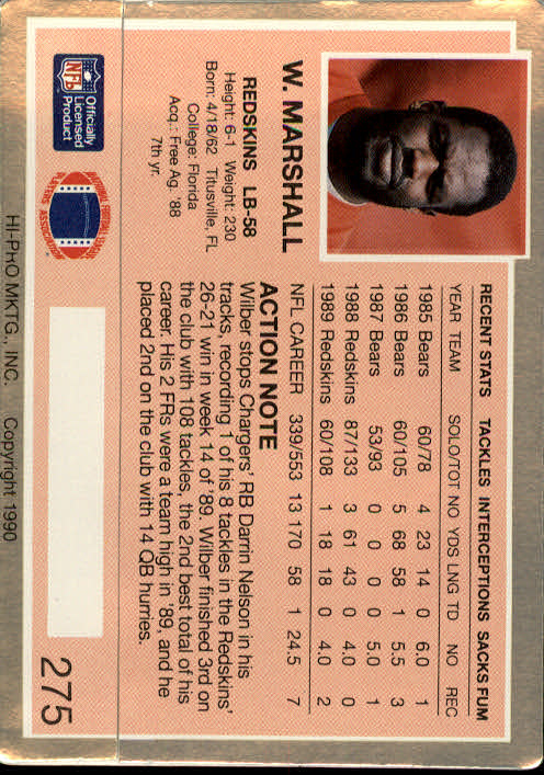 1990 Action Packed #275 Wilber Marshall back image