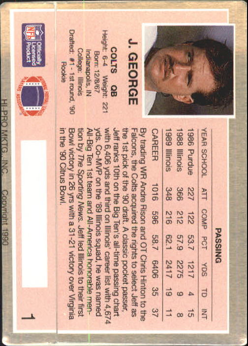 1990 Action Packed Rookie Update #1 Jeff George RC back image