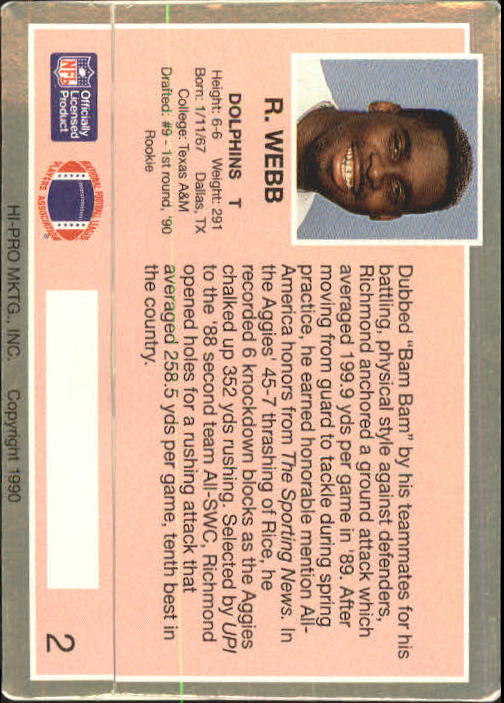 1990 Action Packed Rookie Update #2 Richmond Webb RC back image