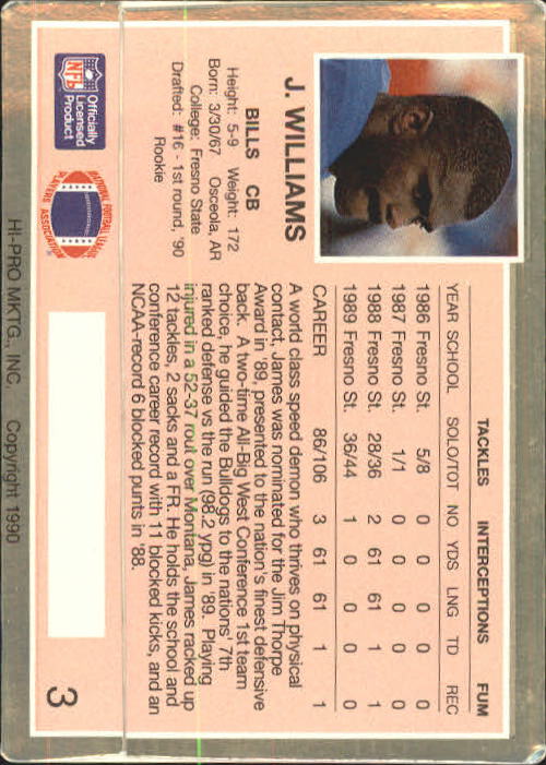 1990 Action Packed Rookie Update #3 James Williams DB RC back image