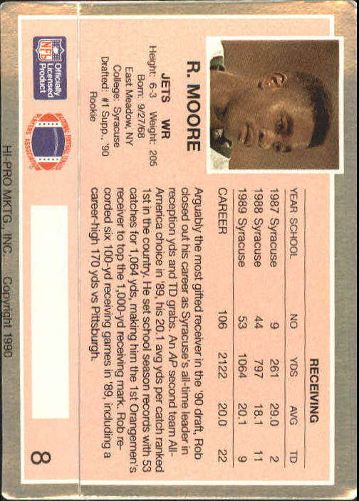 1990 Action Packed Rookie Update #8 Rob Moore RC back image