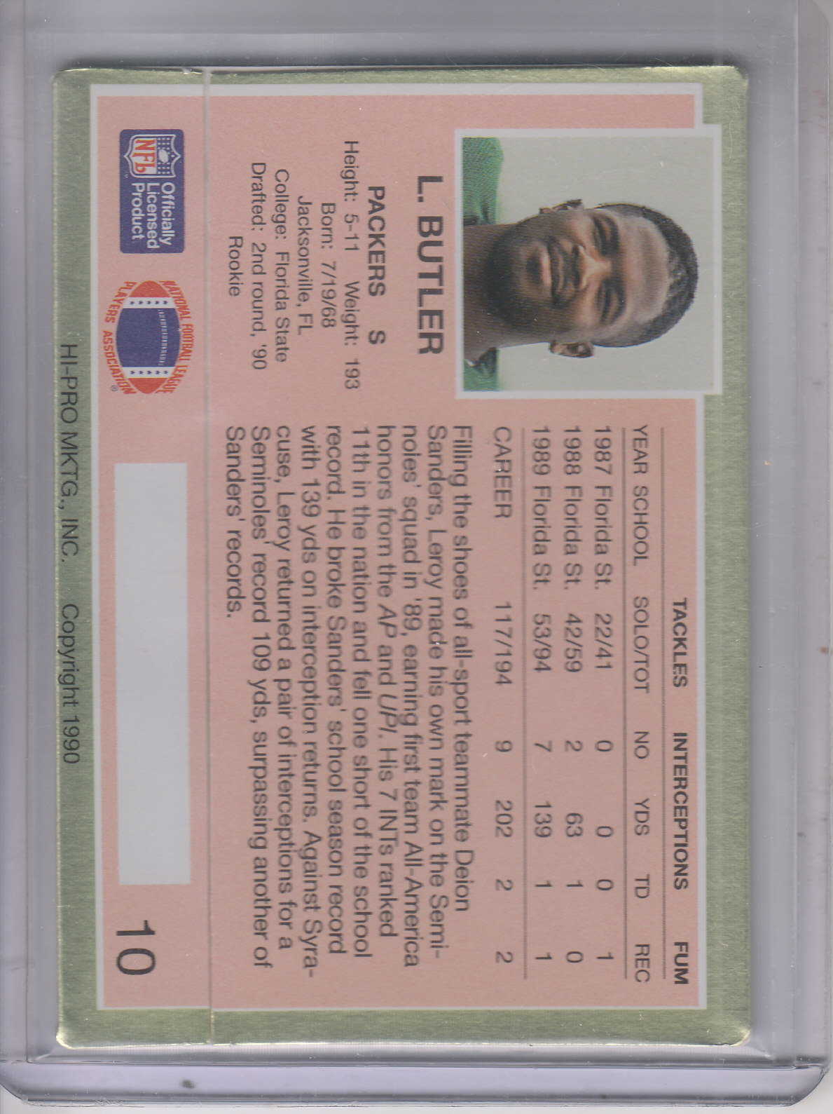 1990 Action Packed Rookie Update #10 LeRoy Butler RC back image