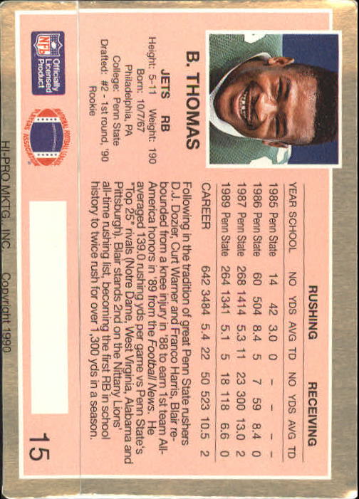 1990 Action Packed Rookie Update #15 Blair Thomas RC back image