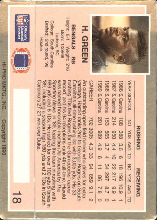 1990 Action Packed Rookie Update #18 Harold Green RC back image