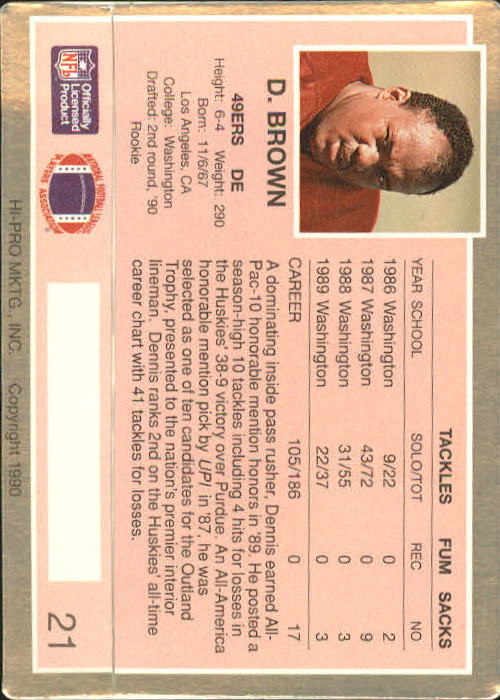 1990 Action Packed Rookie Update #21 Dennis Brown RC back image