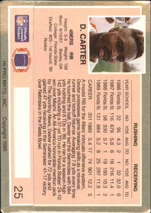 1990 Action Packed Rookie Update #25 Dexter Carter RC back image