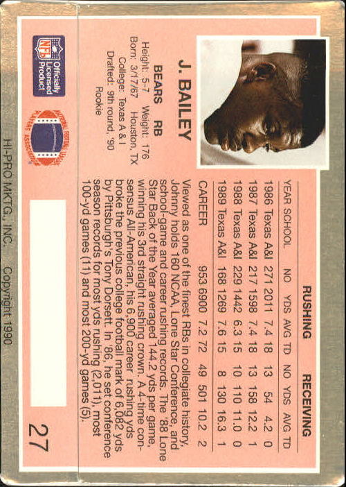 1990 Action Packed Rookie Update #27 Johnny Bailey RC back image
