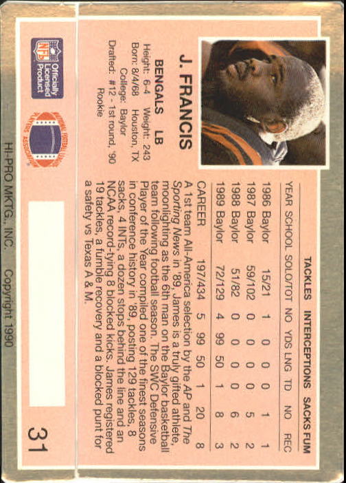 1990 Action Packed Rookie Update #31 James Francis RC back image
