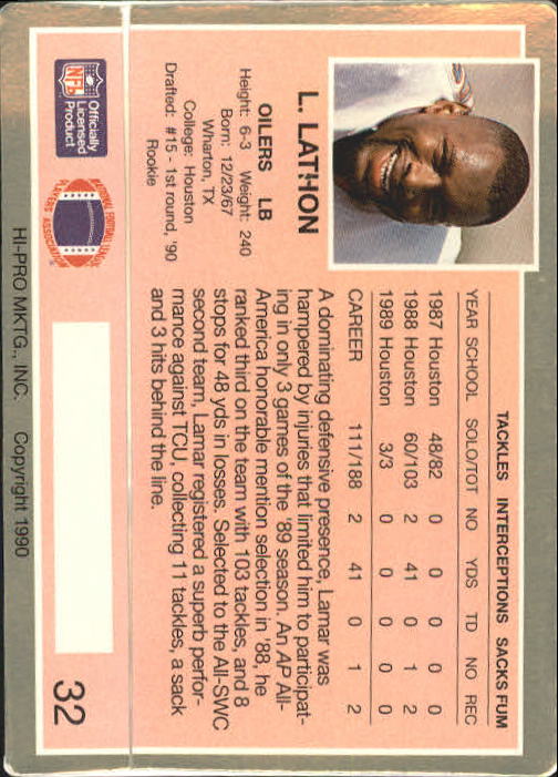 1990 Action Packed Rookie Update #32 Lamar Lathon RC back image