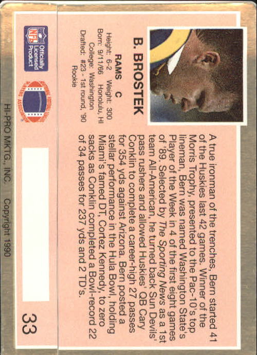 1990 Action Packed Rookie Update #33 Bern Brostek RC back image