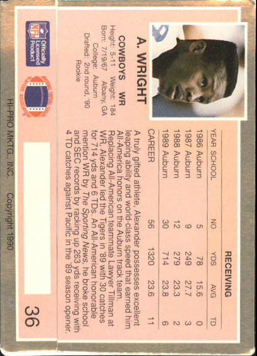 1990 Action Packed Rookie Update #36 Alexander Wright RC back image