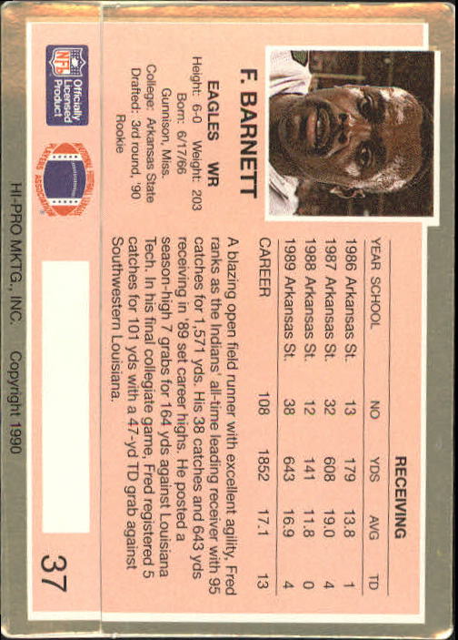 1990 Action Packed Rookie Update #37 Fred Barnett RC back image