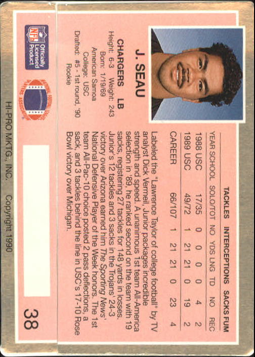 1990 Action Packed Rookie Update #38 Junior Seau RC back image