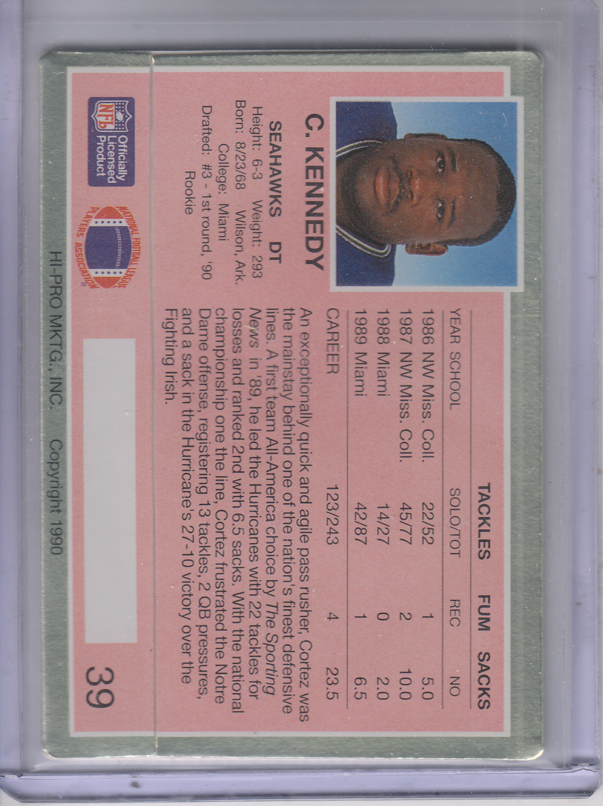 1990 Action Packed Rookie Update #39 Cortez Kennedy RC back image