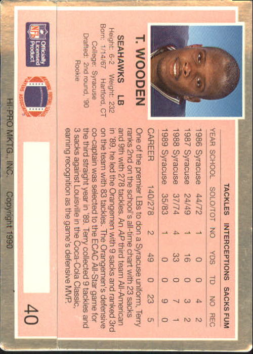 1990 Action Packed Rookie Update #40 Terry Wooden RC back image