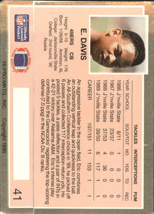 1990 Action Packed Rookie Update #41 Eric Davis RC back image