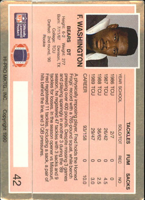 1990 Action Packed Rookie Update #42 Fred Washington RC back image
