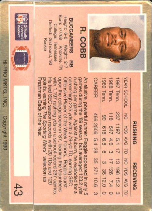1990 Action Packed Rookie Update #43 Reggie Cobb RC back image