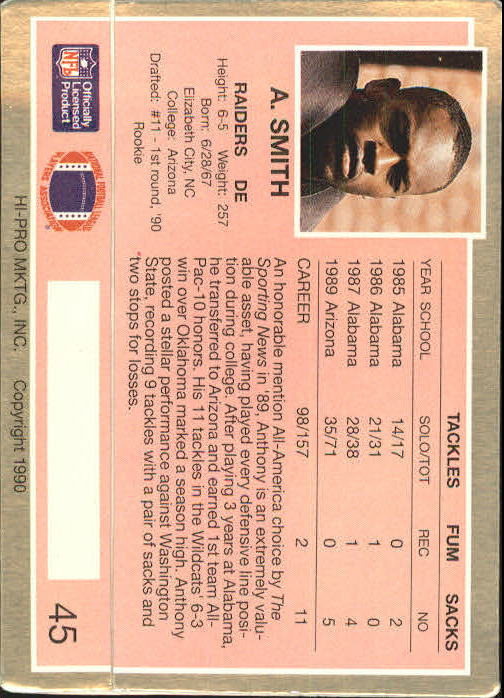 1990 Action Packed Rookie Update #45 Anthony Smith RC back image