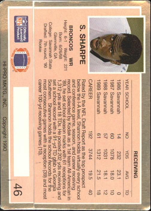 1990 Action Packed Rookie Update #46 Shannon Sharpe RC back image