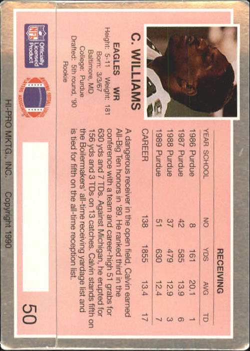 1990 Action Packed Rookie Update #50 Calvin Williams RC back image