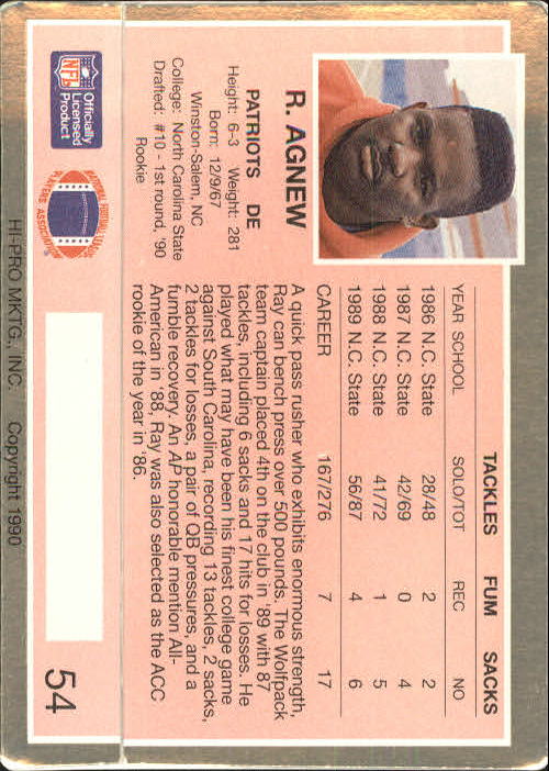 1990 Action Packed Rookie Update #54 Ray Agnew RC back image