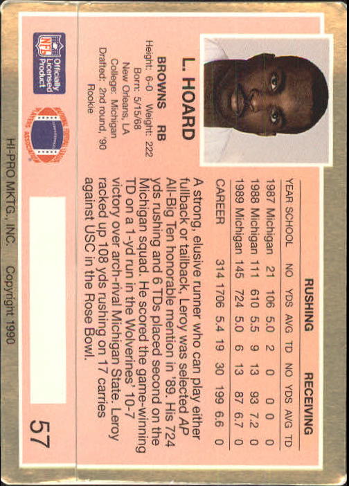1990 Action Packed Rookie Update #57 Leroy Hoard RC back image