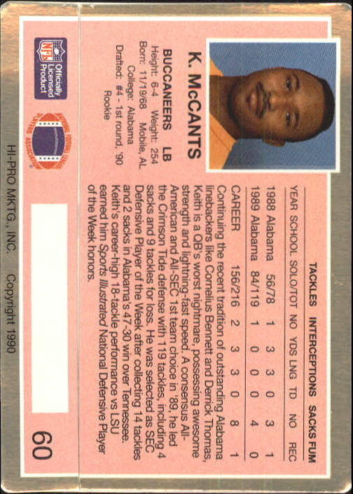 1990 Action Packed Rookie Update #60 Keith McCants RC back image