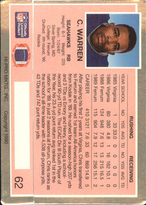 1990 Action Packed Rookie Update #62 Chris Warren RC back image